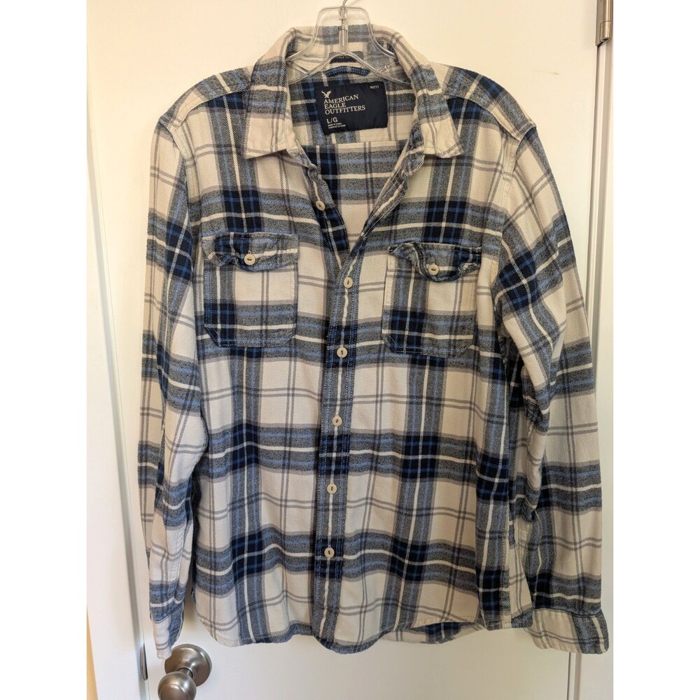 American Eagle Plaid Athletic Fit Flannel Shirt L Blue Preppy Beachy Gorpcore